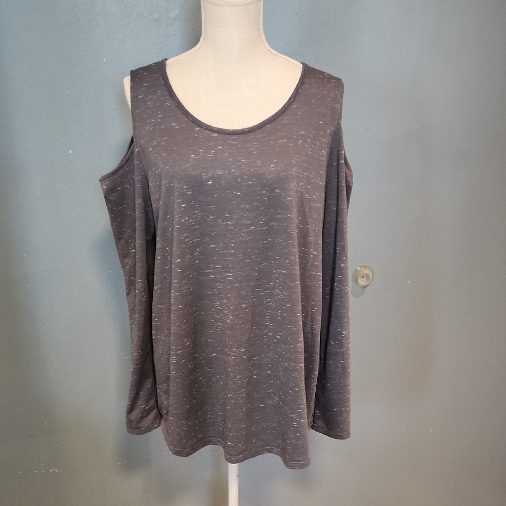 Xersion Scoop Neck Cold Shoulder Long Sleeve High Low Hem Flowy Blouse